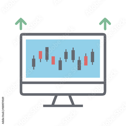 Vector art of a computer monitor displays a candlestick chart with upward trending arrows, symbolizing financial growth and successful trading