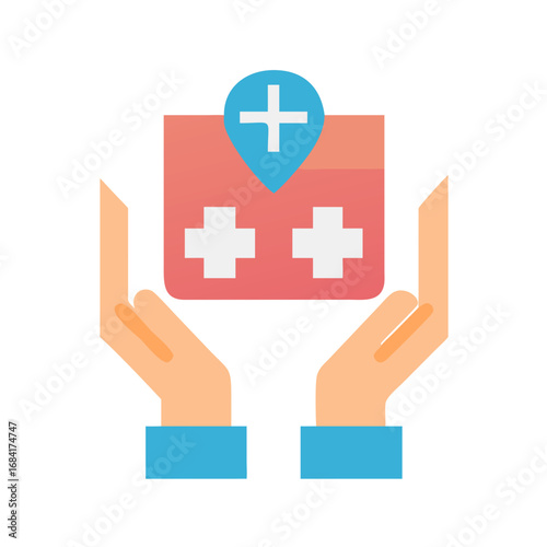 Vector art of hands gently hold a medical package with a plus sign and crosses, symbolizing healthcare and support