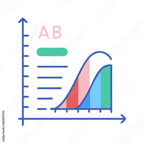 Vector art of a colorful illustration depicts two overlapping bell curves on a graph, representing data analysis and comparison