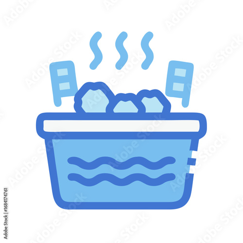 Vector art of a steaming hot spring bath with rocks and waves, symbolizing relaxation and wellness