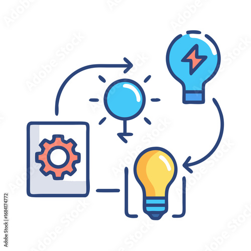 Vector art of a conceptual illustration depicting the process of innovation and idea generation, featuring lightbulbs, a gear, and a sun connected by arrows