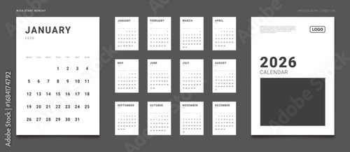 2026 Calendar Planner Set of new Template Monthly Page and cover with Place for Photo, Company Logo. Vector minimal layout grid vertical of wall or desk organizer. Week start Monday for print. Page A4