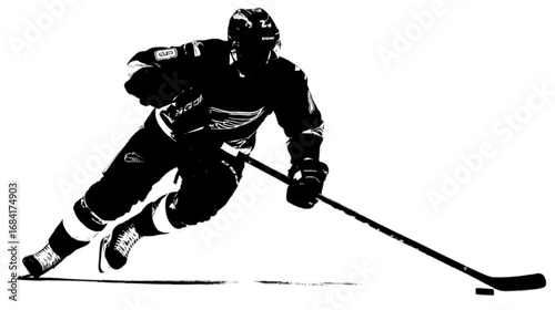 Dynamic black and white silhouette of an ice hockey player skating.