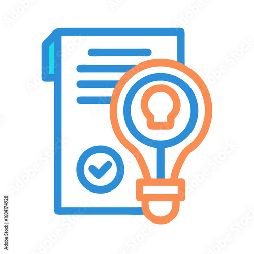Vector art of an icon representing a business idea or innovation, featuring a document with a checkmark and a lightbulb with a person inside