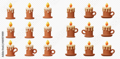A collection of cute 3D rendered burning candles with melted wax, some shaped like mugs.