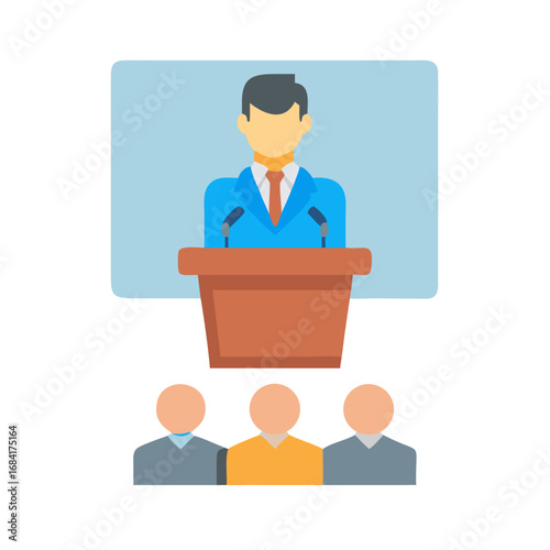 Vector art of a speaker addresses an audience from a podium during a presentation or conference