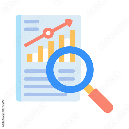 Vector art of magnifying glass over a financial report with a rising bar chart and trend line, symbolizing business analysis and growth