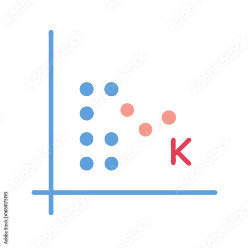 Vector art of a scatter plot displays a cluster of blue dots and a trend of pink dots moving downwards, with the letter k indicating a variable
