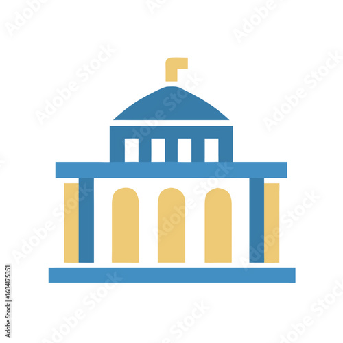 Vector art of a stylized blue and yellow illustration of a government building with a dome and columns, representing civic architecture and public institutions