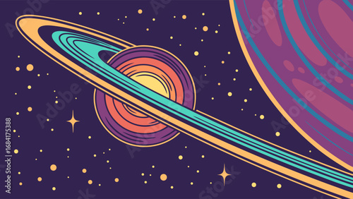 Stylized Planet with Rings and Stars Cosmic Background Space Art Galaxy Illustration Universe Design Retro Aesthetic.