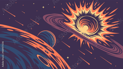 Celestial Burst Cosmic Illustration of Explosive Star and Planets.