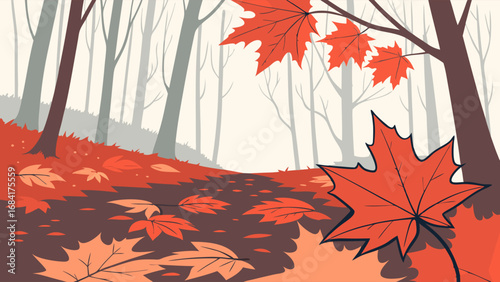 Autumnal Forest Path with Fallen Maple Leaves Illustrated Nature Scene for Fall Designs.