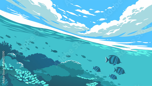 Underwater Coral Reef Scene with Fish.