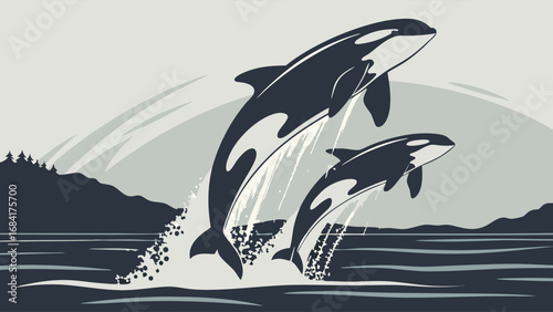 Orcas leaping from the ocean stylized illustration of marine wildlife jumping from water near a coastline.