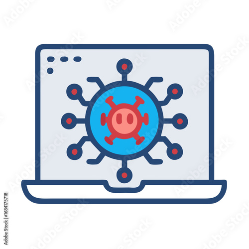 Vector art of a computer screen displays a virus icon connected to a network, symbolizing digital threats and cybersecurity
