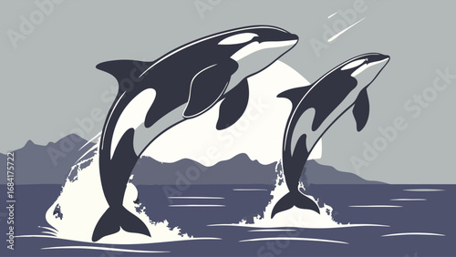 Two Orcas Leaping From The Water.