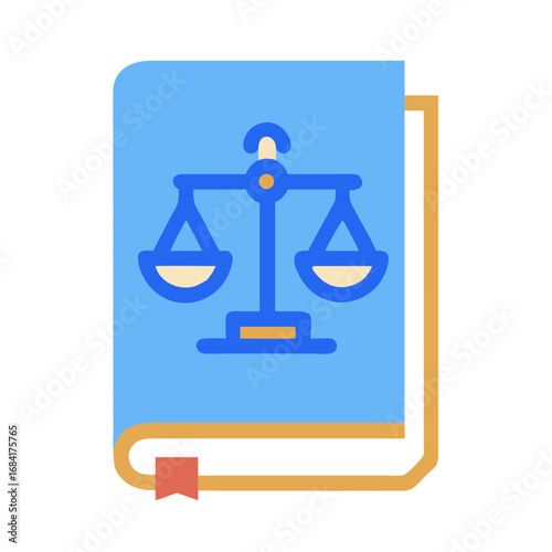 Vector art of a blue book with a golden outline and a red bookmark, featuring a stylized blue and yellow scale of justice symbol on its cover
