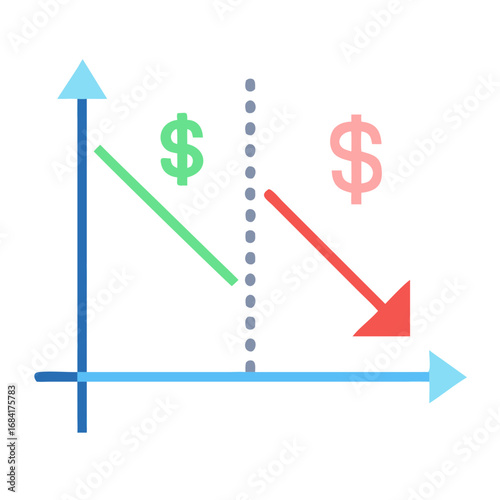 Vector art of a financial graph illustrates the contrasting trends of money growth and decline with upward and downward arrows