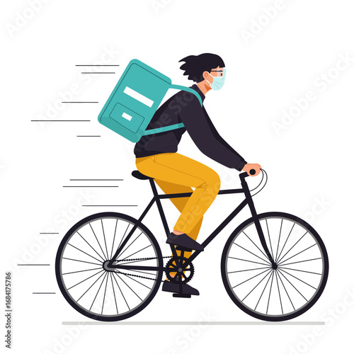 Food Delivery Man on Bicycle Wearing Helmet and Backpack Illustration