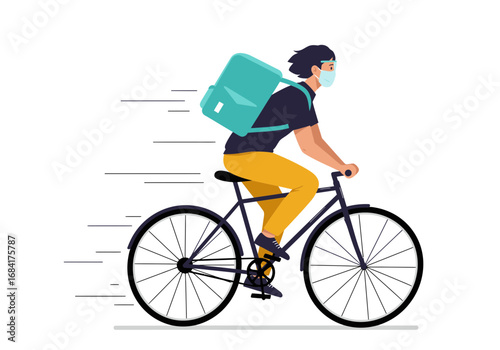 Food Delivery Man on Bicycle Wearing Helmet and Backpack Illustration