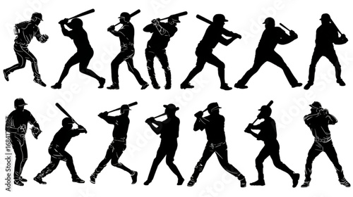 Collection of Dynamic Baseball Player Silhouettes in Action Poses.