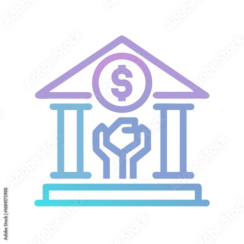Vector art of a stylized icon of a bank building with a dollar sign and cupped hands, symbolizing financial support and security