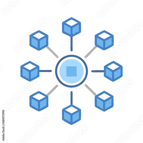 Vector art of a central hub connects multiple blue cubes in a distributed network system, symbolizing data flow and connections