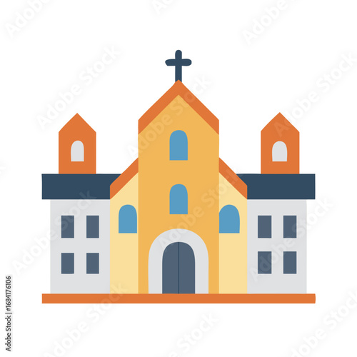 Vector art of a colorful flat illustration of a church building with a cross on top, isolated on a white background