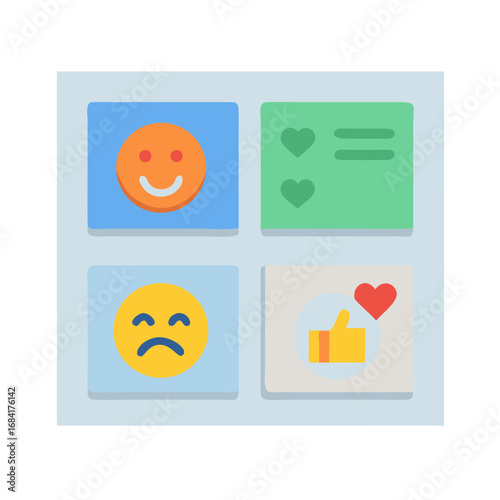 Vector art of a collection of four flat design icons representing social media feedback and emotions, including happy and sad faces, likes, and hearts