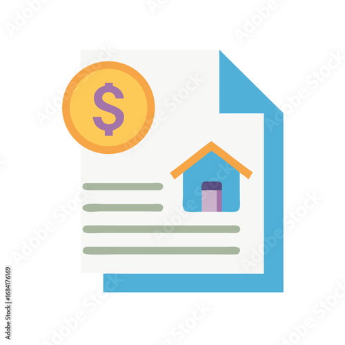 Vector art of a financial document with a house icon and a dollar coin, representing real estate investment or property loan
