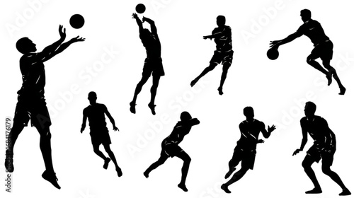 Collection of basketball player silhouettes in dynamic action poses.