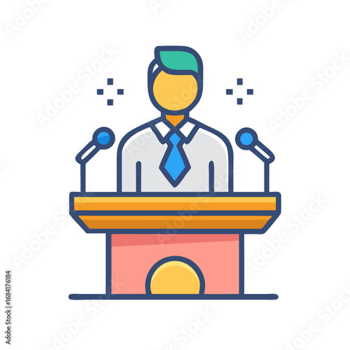 Vector art of a confident speaker stands at a podium with microphones, ready to deliver a presentation