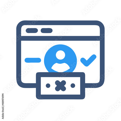 Vector art of a user profile icon within a web browser window, featuring a checkmark and a minus sign, with a cross symbol below