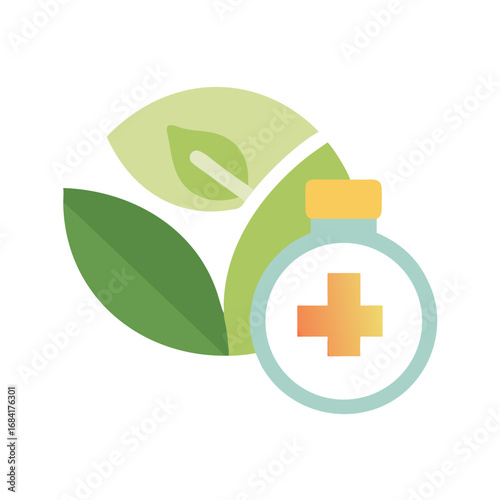 Vector art of a stylized illustration of a medical bottle with a cross symbol, accompanied by green leaves, symbolizing natural medicine and health