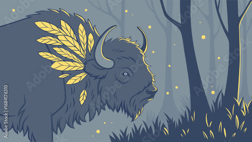 Illustrated bison with feather adornment in a stylized forest environment.