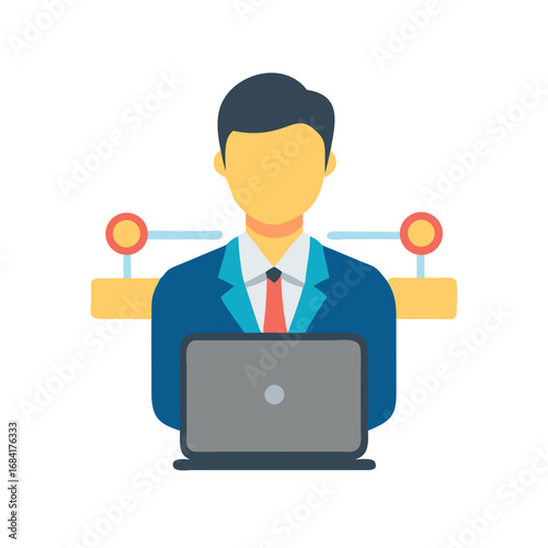 Vector art of a professional businessman in a suit and tie works on a laptop, symbolizing technology and business connections