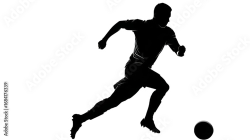 Black silhouette of a male soccer player running and dribbling.