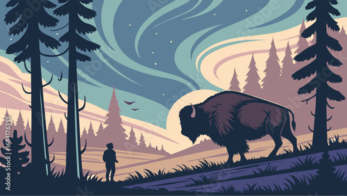 Majestic Bison in a Scenic Forest Landscape.