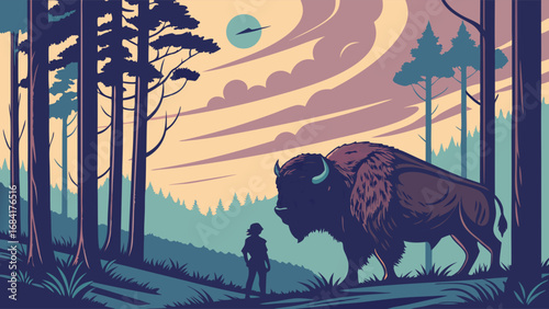 Illustration of a Person and Bison in a Forest.