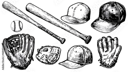 Hand drawn sketch collection of baseball equipment items.