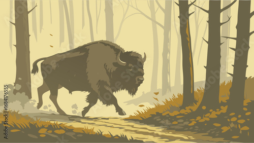 A Bison in a Misty Forest.
