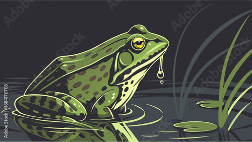 A Green Frog Resting in Water.