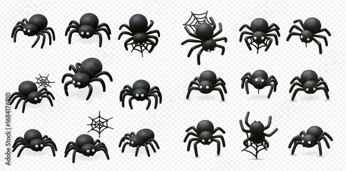 Numerous glossy black cartoon spiders and delicate spiderwebs arranged on a transparent background, perfect for Halloween designs.