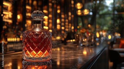 Elegant decanter on a bar counter, illuminated by warm lighting.  A luxurious scene