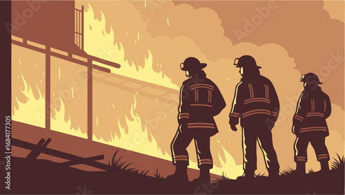 Firefighters battling a large building fire at night.