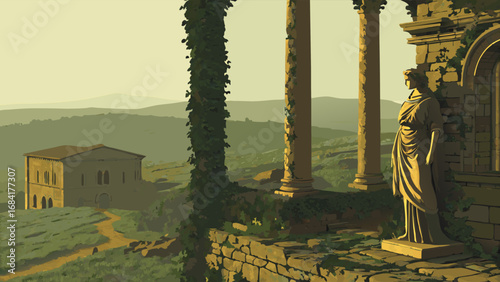 Ancient Ruins with Statue Columns Landscape and Serene Views.