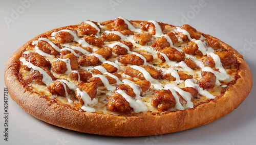 Delicious buffalo chicken pizza with ranch drizzle isolated on white background