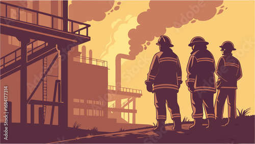 Illustration of Firefighters Observing a Factory.