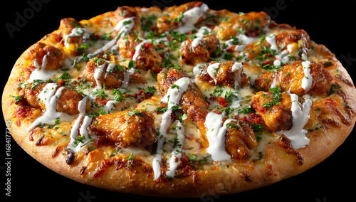 Delicious buffalo chicken pizza with ranch drizzle and fresh herbs isolated on white background