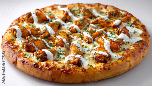 Delicious buffalo chicken pizza with ranch drizzle isolated on white background